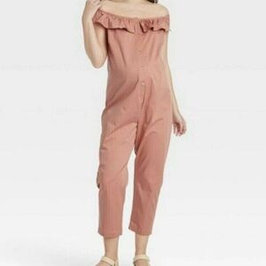 The Nines By Hatch Blush Pink Ruffle Off shoulders Maternity Cropped Jumpsuit XS